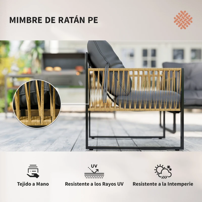 Outsunny Conjunto de Jardín Exterior de Ratán Sintético con 2 Sillones 1 Sofá de 2 Plazas 1 Mesa de Centro y Cojines Gris