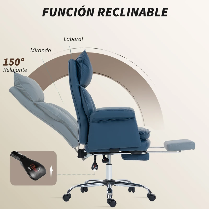 HOMCOM Silla de Escritorio con Reposapiés Respaldo Reclinable Alto Acolchado Grueso Tapizada en Cuero Sintético Ruedas Azul