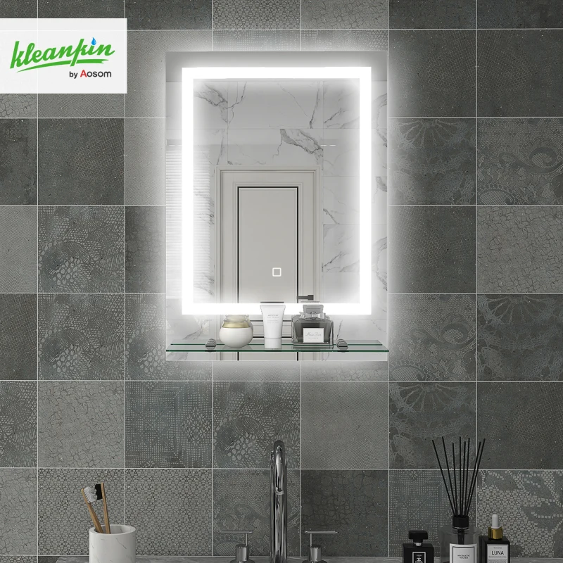 kleankin LED Bathroom Mirror with Lights and Shelf, Illuminated Makeup Mirror, Vanity Mirror with 3 Colour, Smart Touch, Anti-Fog