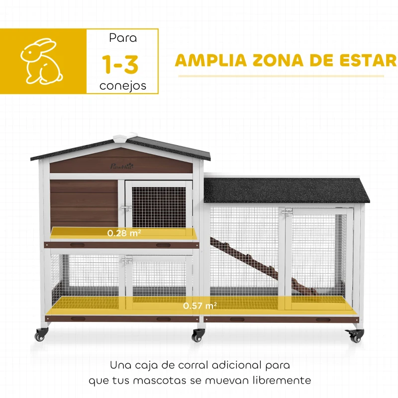 PawHut Conejera Exterior 157,4x53x99,5cm Jaula para Conejos Grande con Ruedas Techo Asfáltico Bandejas Extraíbles Rampa Marrón