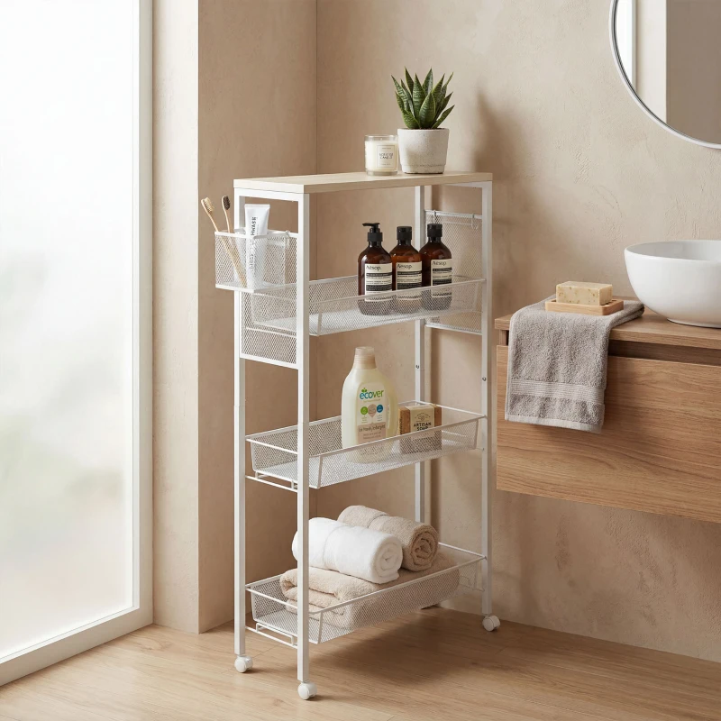 HOMCOM Carucior de Bucătărie pe 3 Niveluri cu Coș Lateral și Cârlig, din Plăci Aglomerate și Oțel, 58x18,5x87 cm