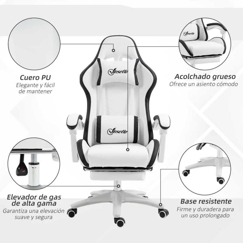 Vinsetto Silla Gaming Silla Gamer de Cuero PU Altura Ajustable Reclinable 135° Reposacabezas y Reposapiés 65x65x121-129 cm Blanco