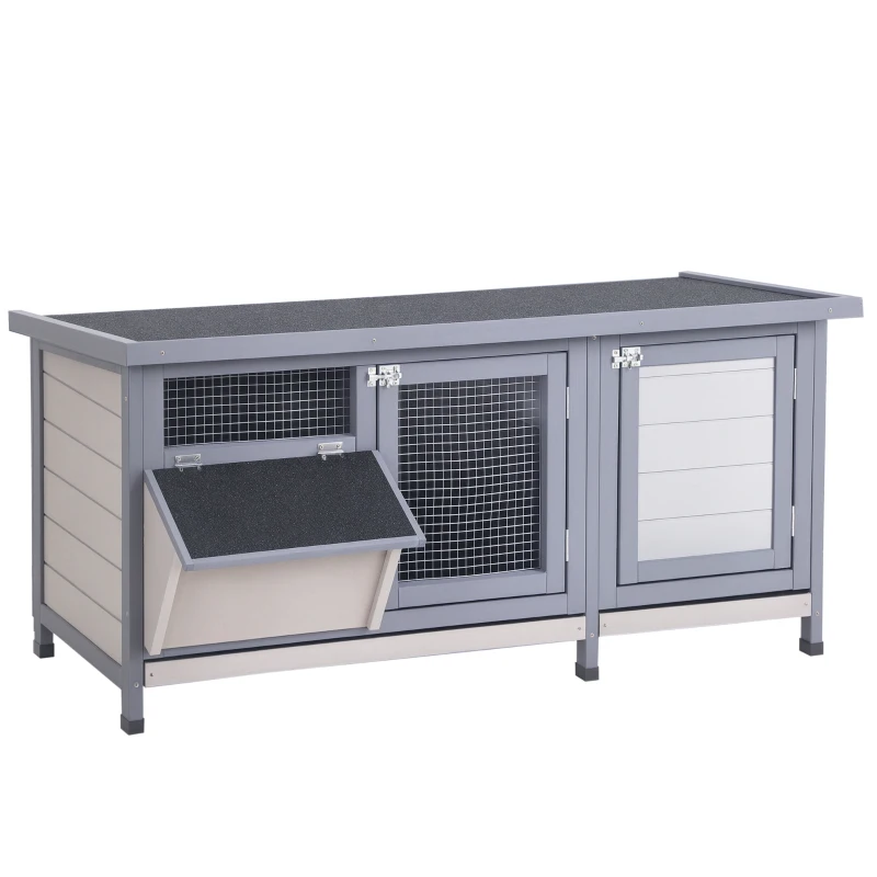 PawHut Jaula para Conejos con Techo Asfáltico Abatible Puertas con Pestillo Bandejas Extraíbles y Comedero 112x50x54 cm Gris