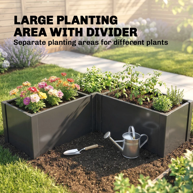 Outsunny Podwyższona grządka w kształcie litery L, odporna na warunki atmosferyczne, wykonana z ocynkowanej stali, 150 x 150 x 55 cm, czarna