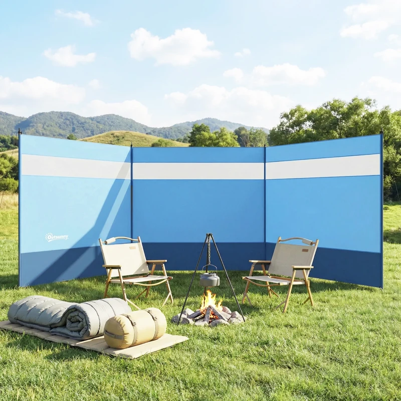 Outsunny Camping Windbreaker with Clear Windows, Carry Bag and Steel Poles, for Beach Caravan Campervan, 440 x 140cm, Blue