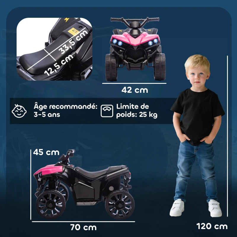 AIYAPLAY Quad électrique enfant 6V, voiture électrique enfants ATV, musique et phares LED, pour 37 à 72 mois, 70 x 42 x 45 cm, rose