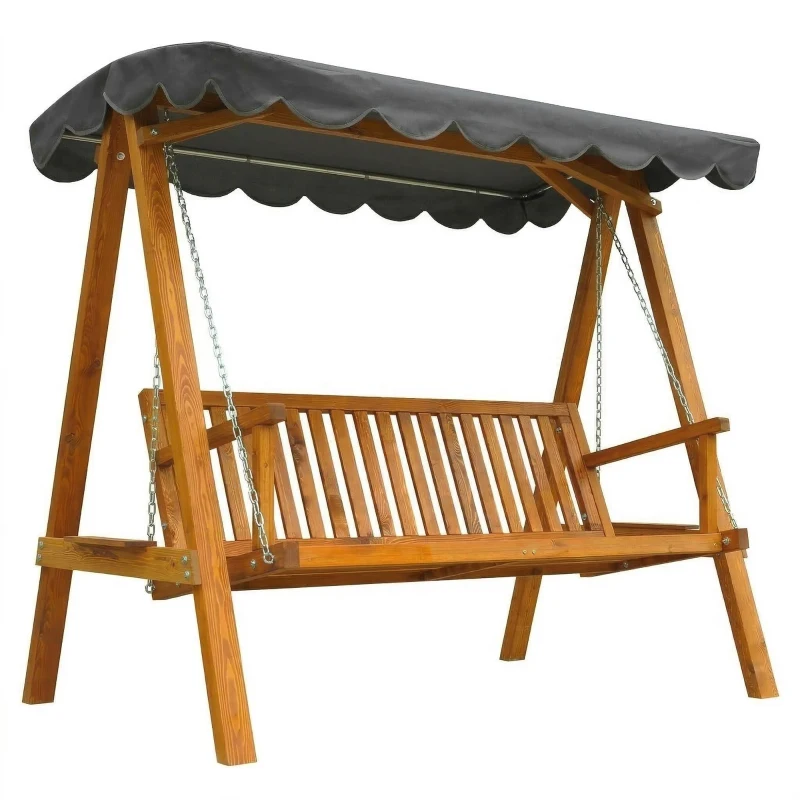 Outsunny 3 Seater Garden Swing Seat with Canopy, Wooden Swing Chair, Outdoor Hammock Bench for Balcony Patio Porch, Dark Grey