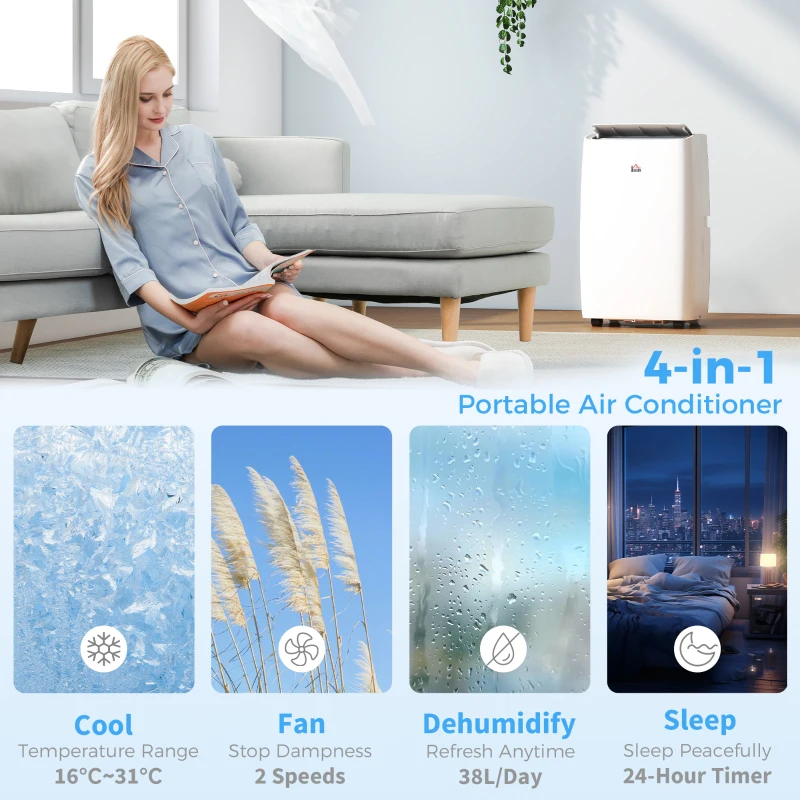HOMCOM Portable Air Conditioner 12000 BTU, 4-in-1 Air Conditioning Unit, Dehumidifier, Cooling, Fan, Sleep Mode with 2 Speeds, Remote, LED Display, 24H Timer, Window Kit, Child Lock, 35m², Cream