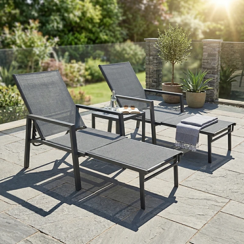 Outsunny Sun Loungers Set of 2 Retractable Footrest 5-Position Adjustable Steel Frame for Beach, Porch, Patio, Camping, Dark Grey