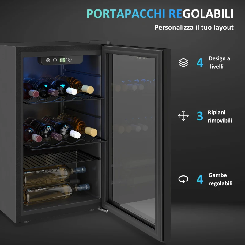 HOMCOM Cantinetta Vino Refrigerata 24 Bottiglie 68L Temperatura Regolabile 4-16℃ con Vetro Anti UV, Ripiani, Nera