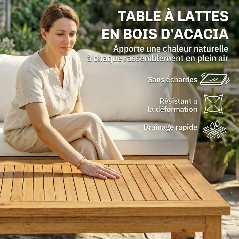 Outsunny Salon de Jardin 4 Pièces, Ensemble en Corde Tressée avec Structure en Acier et Bois d'Acacia, Coussins, Blanc Crème
