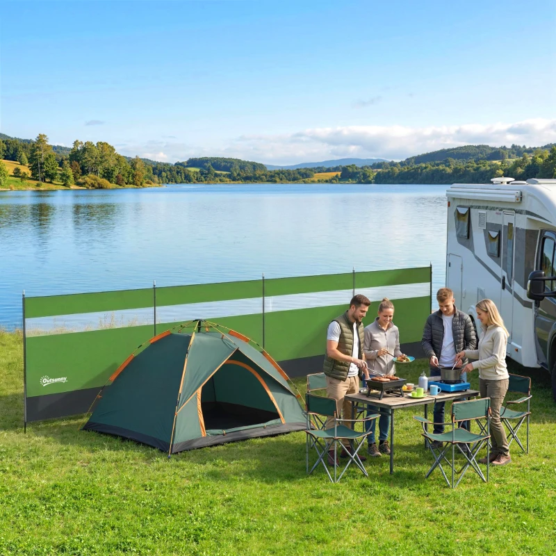 Outsunny Camping Windbreaker with Clear Windows, Carry Bag and Steel Poles, for Beach Caravan Campervan, 725 x 140cm, Army Green