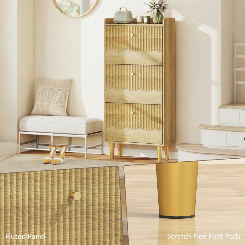 HOMCOM Narrow Shoe Cabinet, Modern Shoe Storage Cabinet with 3 Flip Drawers, Oak