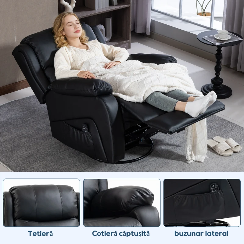 HOMCOM Fotoliu Relax Rabatabil cu 8 Puncte de Masaj, Încălzire și Suport pentru Picioare, 87x97X100 cm, Negru