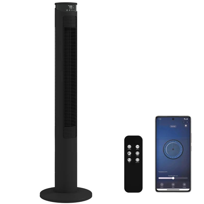 HOMCOM Tower Fan with WiFi Control Standing Floor Fan with Remote Control 116 cm Black