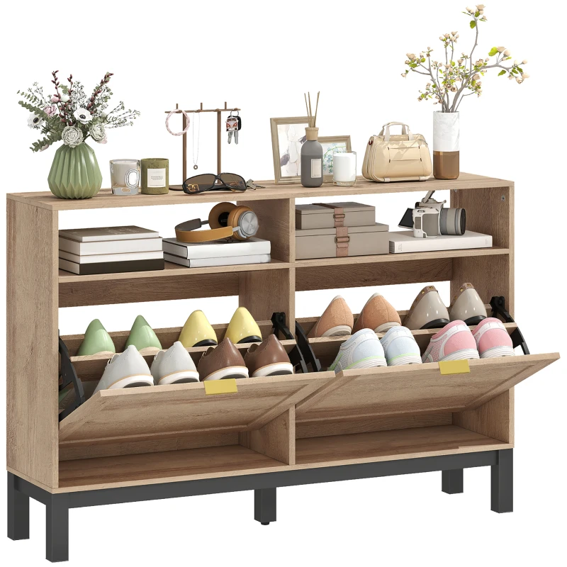 HOMCOM Shoe Cabinet with 2 Flip Drawers, Narrow Shoe Storage Top for Entryway Hallway, Walnut Brown