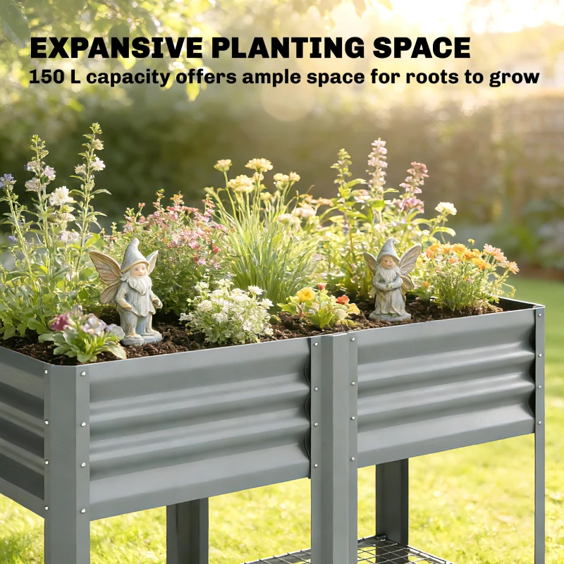 Outsunny Raised Garden Bed with Storage Shelf Steel Elevated Planter Box with Legs for Outdoor Vegetables Flowers