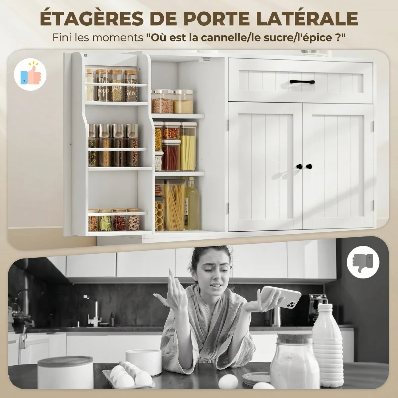 HOMCOM Buffet cuisine, meuble de rangement avec tiroir, 3 portes à fermeture douce, racks-porte et étagères réglables, blanc