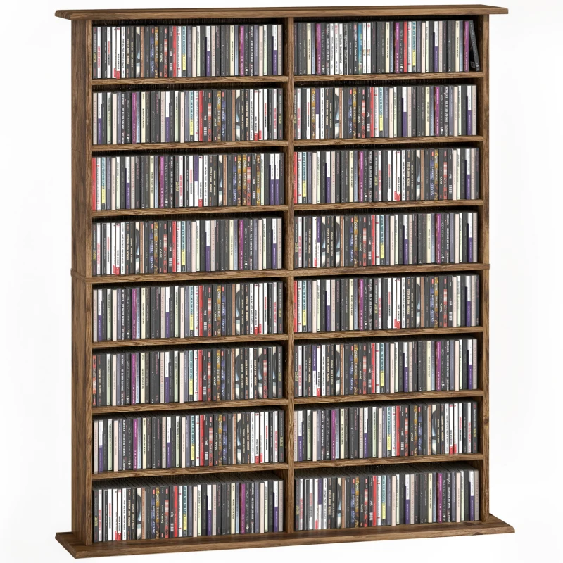 HOMCOM CD & DVD storage with 16 compartments and 12 adjustable shelves max capacity 720 CD/396 DVD & Blu-ray brown