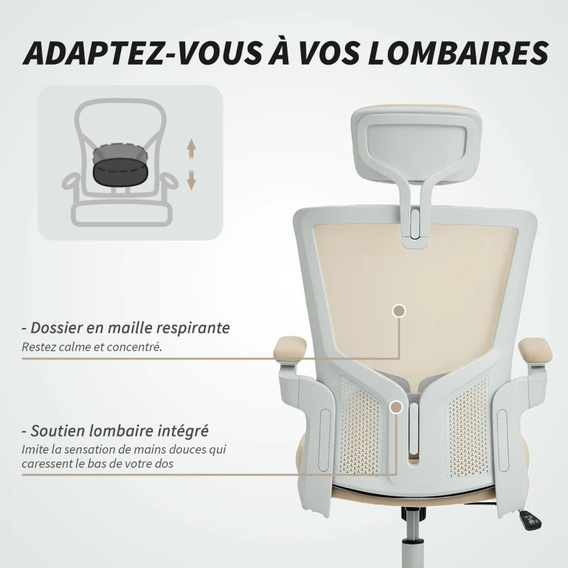 HOMCOM Chaise bureau ergonomique, fauteuil de bureau, accoudoirs relevables, soutien lombaire, appui-tête, 60x63x120cm, beige