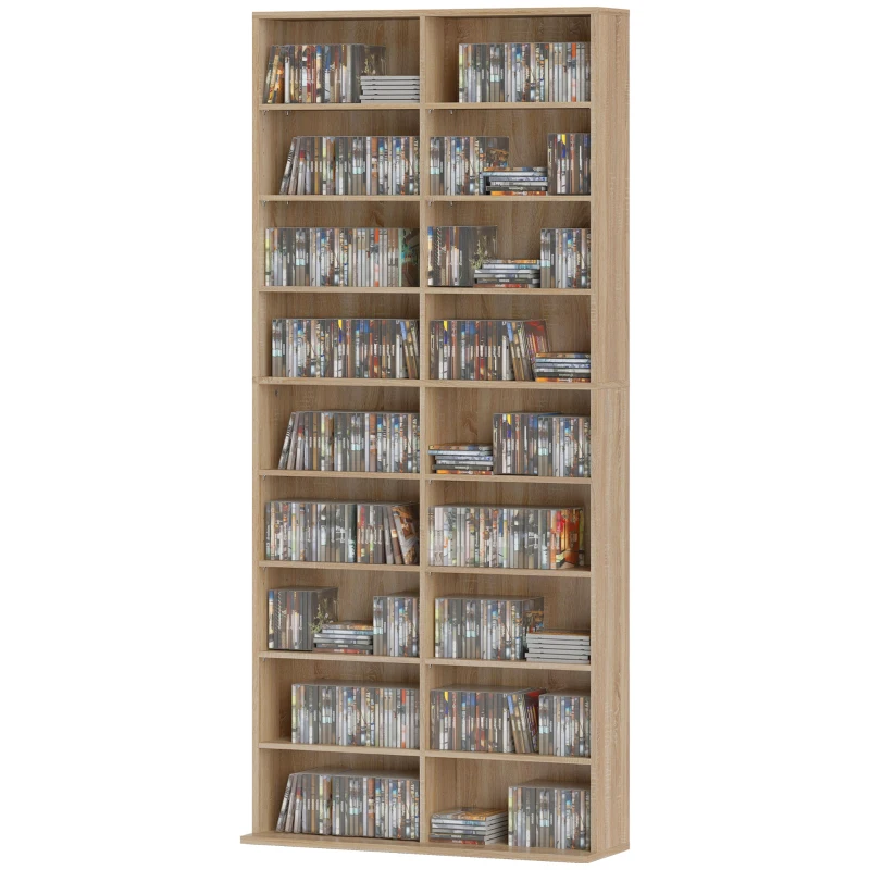 HOMCOM 9-stufiges DVD-Regal mit 18 Fächern und 14 verstellbaren Einlegeböden, Platz für 640 CDs, 360 DVDs oder 430 Blu-rays, Naturholz