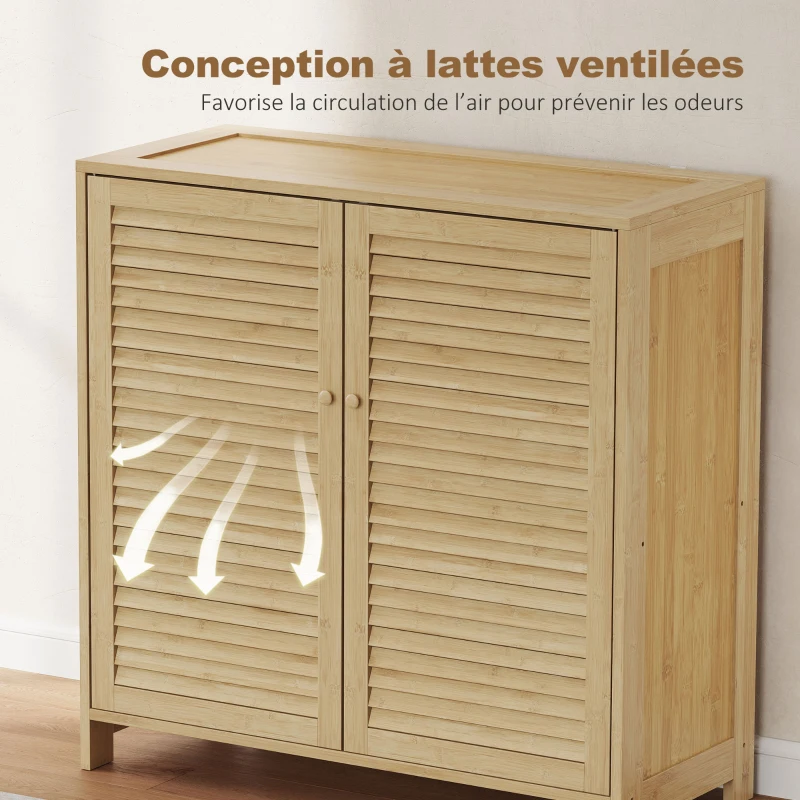 HOMCOM Meuble à chaussures en bambou 14 paires, armoire à chaussures avec portes persiennes et étagères réglables, bois naturel