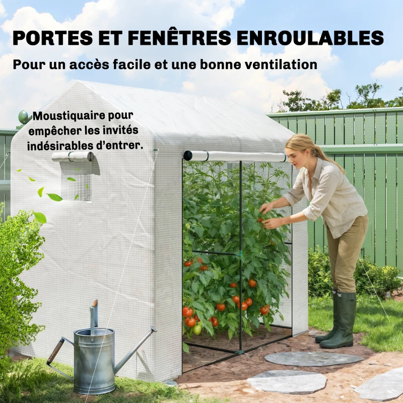 Outsunny Serre de jardin PE, serre de balcon, bâche renforcée 135 g/m², châssis en acier, porte zippée, 200 x 140 x 200 cm, blanc
