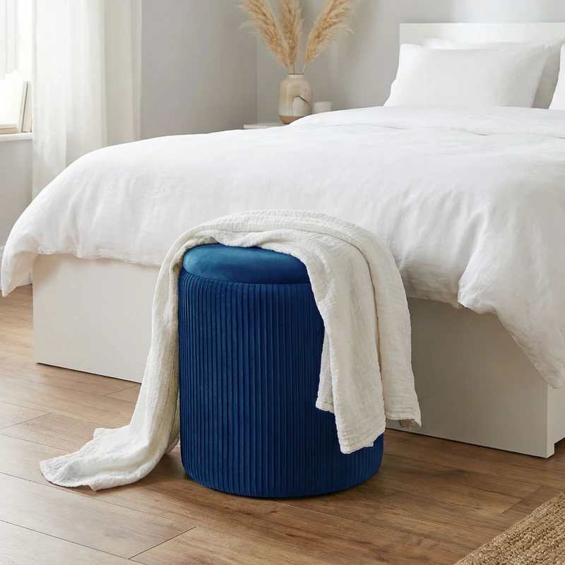 HOMCOM Storage Ottoman Modern Velvet Round Foot Stool for Living Room Bedroom 45 cm Blue