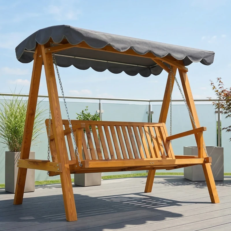 Outsunny 3 Seater Garden Swing Seat with Canopy, Wooden Swing Chair, Outdoor Hammock Bench for Balcony Patio Porch, Dark Grey