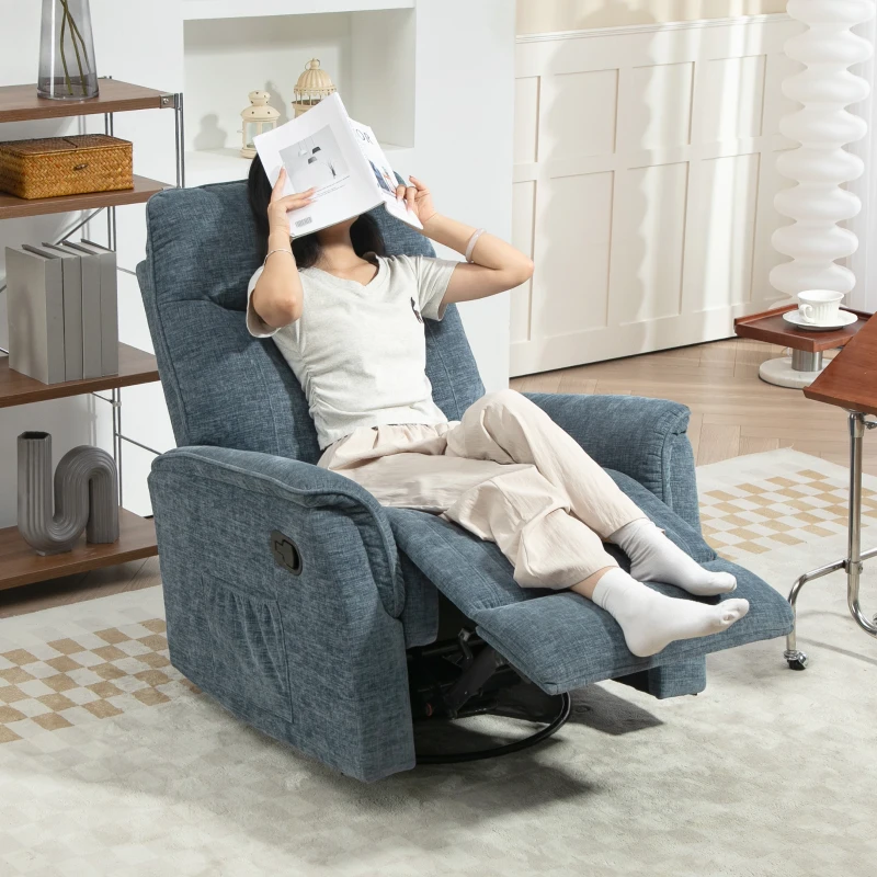 HOMCOM Fauteuil inclinable manuel pivotant avec repose-pieds rétractable, dossier réglable, bleu