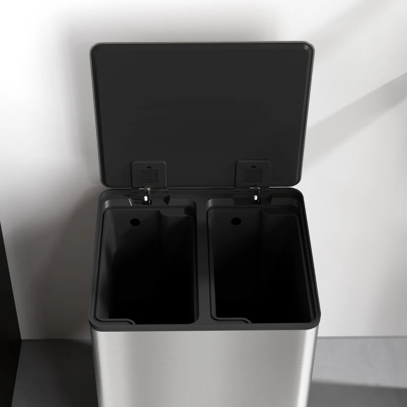HOMCOM Bidone Immondizia a 2 Sezioni da 30L a Pedale con Coperchio Silenzioso, in Acciaio Inox e PP, 47.7x37.5x66.8 cm