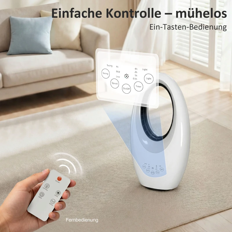 HOMCOM Bladloze torenventilator, 36 dB stille ventilator met 60° oscillatie, LED-verlichting, 3 snelheden, 7,5 uur timer, afstandsbediening