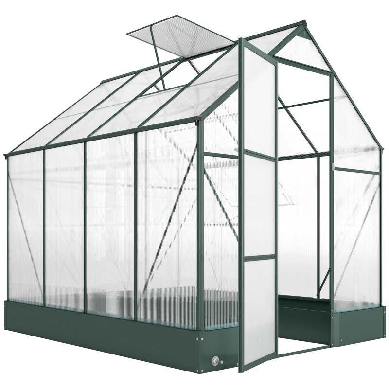Outsunny Garden Walk-in Polycarbonate Greenhouse with Raised Garden Bed, Temperature Controlled Window, Aluminium Frame & Foundation, 6 x 8ft