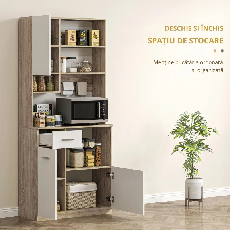 HOMCOM Bufet Înalt de Bucătărie cu Sertar, 3 Dulapuri și 4 Compartimente Deschise, 80x35x180 cm, Alb