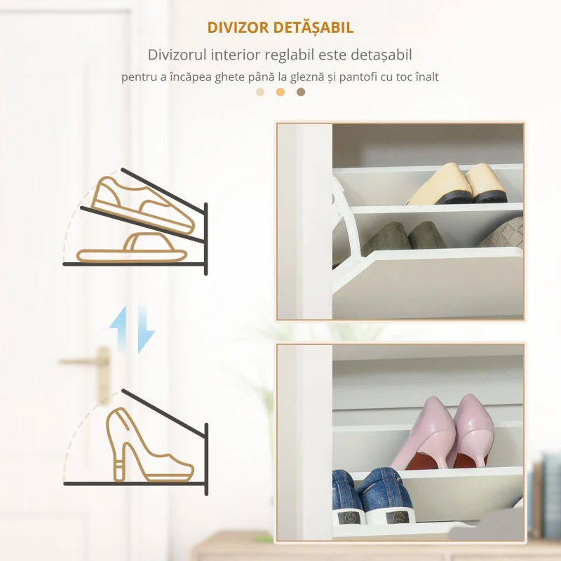 HOMCOM Dulap modern pentru pantofi, pentru maximum 12 perechi, cu 2 sertare reglabile și detașabile, din lemn, 72x26x80 cm, alb