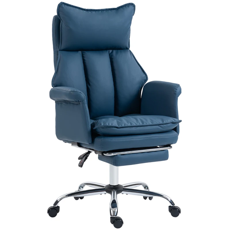 HOMCOM Silla de Escritorio con Reposapiés Respaldo Reclinable Alto Acolchado Grueso Tapizada en Cuero Sintético Ruedas Azul