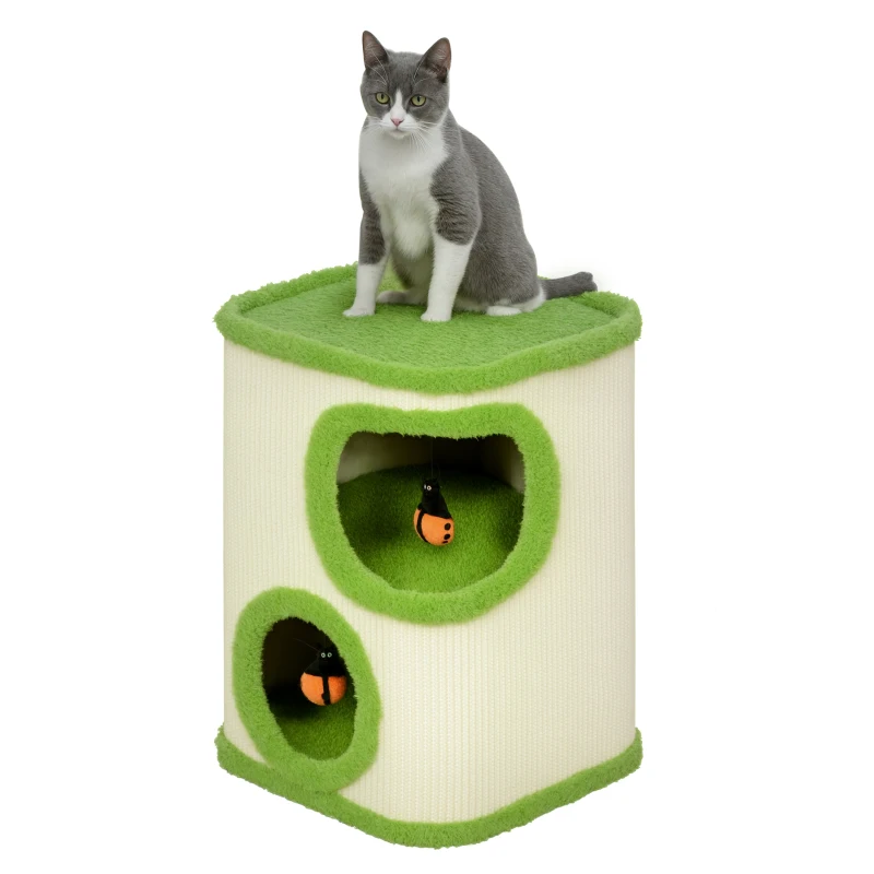PawHut 52cm Cat Barrel Tower, 2 Story Cat Condo with Sisal Scratching Pad, Toy Ladybugs, Barrel Shaped Cat House Covered in Soft Plush, Green