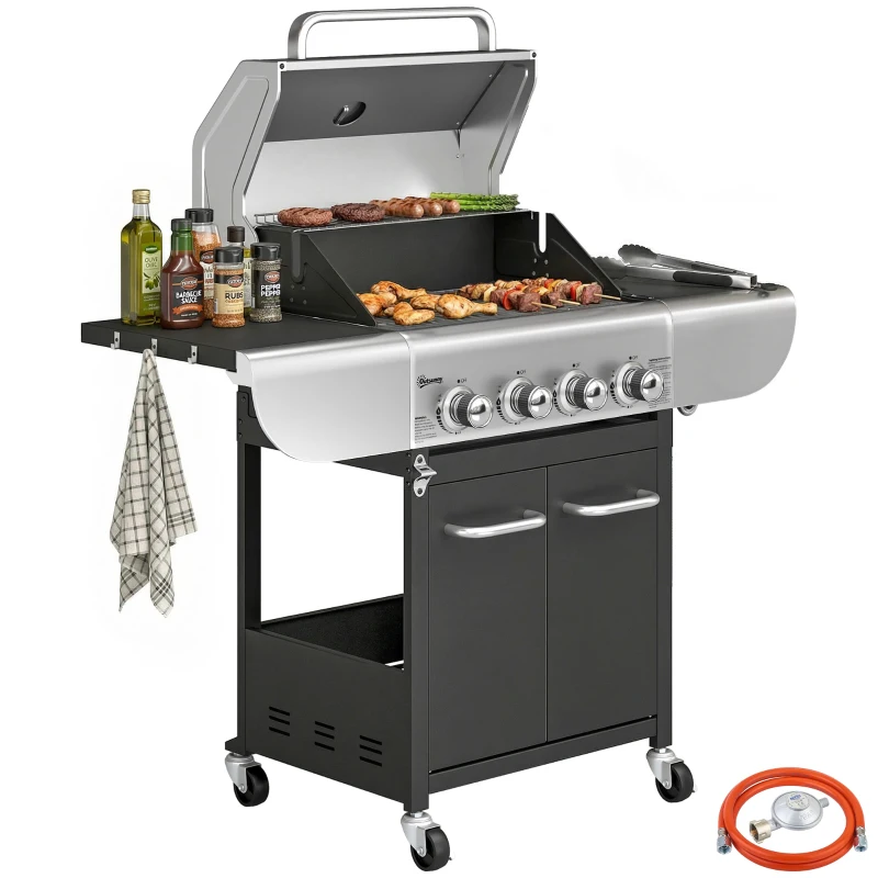 Outsunny Barbacoa de Gas con 4 Quemadores 12,8 kW Termómetro Parrillas de Hierro Fundido Mesas Laterales Armario y Ruedas Negro