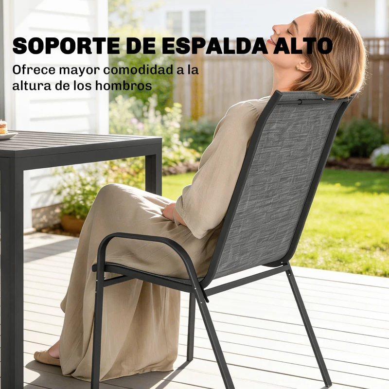 Outsunny Conjunto de Mesa y Sillas Jardín con Mesa Metálica con Agujero y 6 Sillas Apilables Transpirables para Terraza Gris