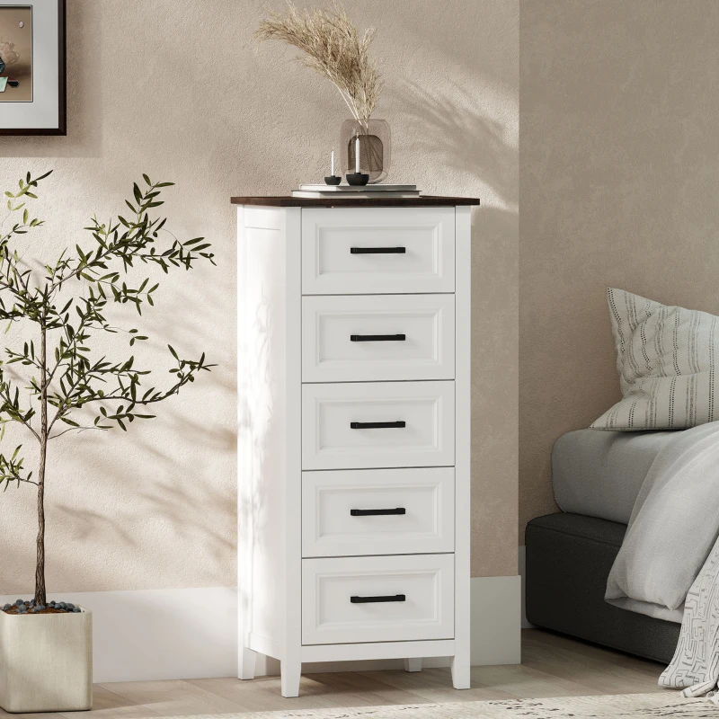 HOMCOM Cómoda 5 Gavetas Cómoda de Dormitório Estreita e Alta com Bancada com Efeito Madeira 45x35x106 cm Branco