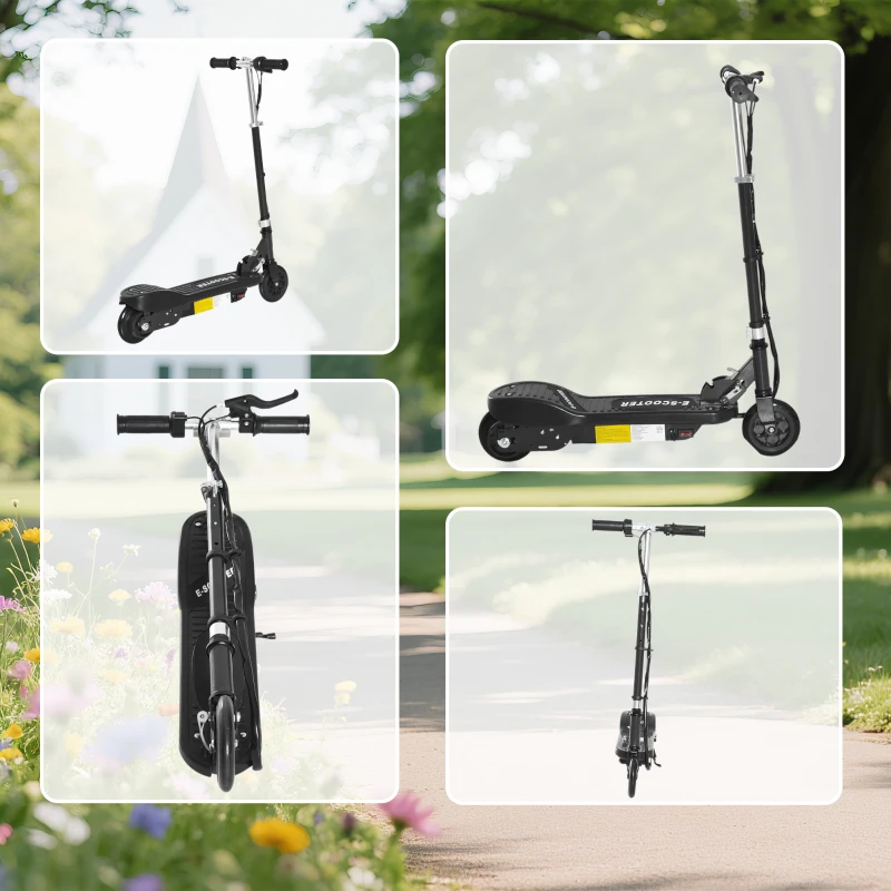 HOMCOM Patinete Eléctrico para Niños de +7 Años Scooter Plegable con Altura Ajustable Batería Recargable 24V Velocidad hasta 12 km/h y Freno Carga 50 kg 74x36x69-91 cm Negro