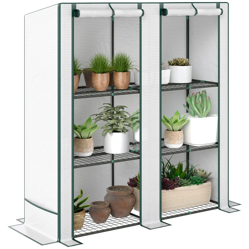 Outsunny Mini-Gewächshaus mit 3-Ebenen-Regal, Kunststoff-Abdeckung, UV-beständig, tragbar, Rolltür, 144 x 48 x 152 cm, Weiß