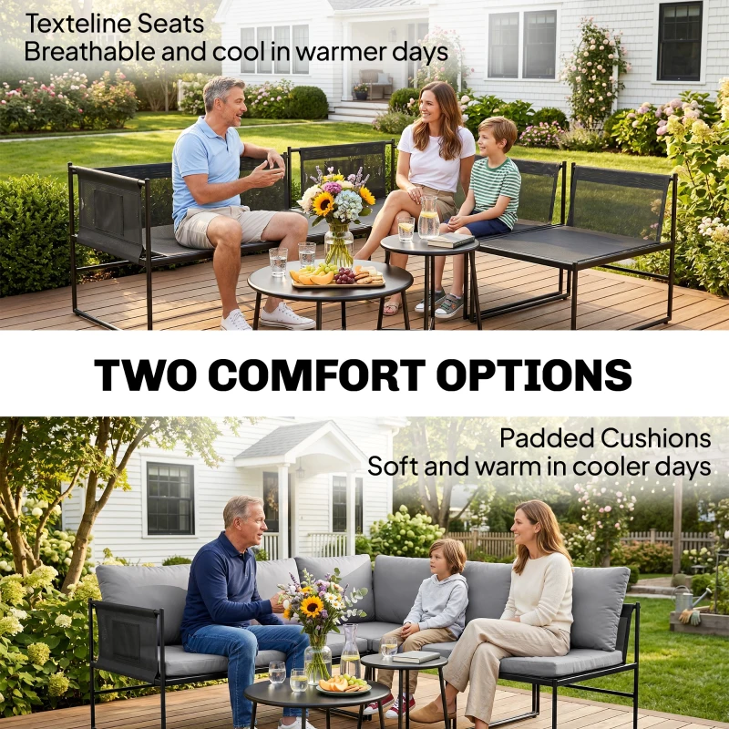 Outsunny Zestaw mebli ogrodowych lounge, 4-5 osób, kanapa dwuosobowa, stolik, krzesło, grube poduszki, siatkowe siedziska