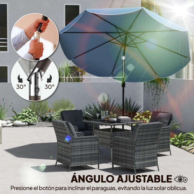 Outsunny Sombrilla Terraza Exterior Ø2,7 m Sombrilla con Inclinación Ajustable 3 Posiciones Manivela y Volante Azul Celeste