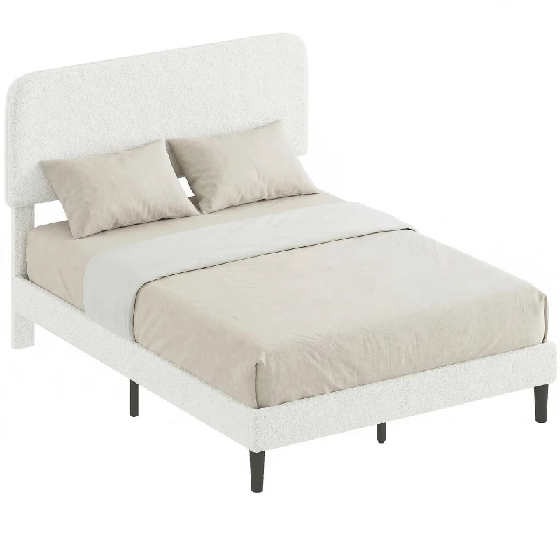 HOMCOM Cadre de Lit 140x190cm avec Sommier, Tête de Lit Réglable, Lit Double Rembourré en Velours Teddy, Lattes en Métal, Blanc