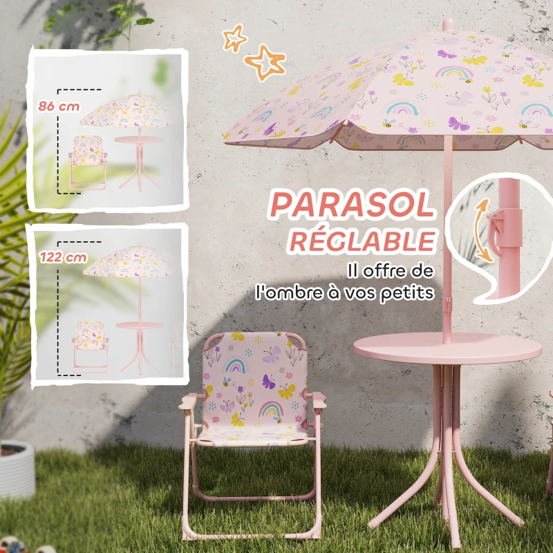 AIYAPLAY Ensemble salon de jardin extérieur enfant 4 pièces, motif arc-en-ciel et fleur, parasol réglable Ø 100cm, chaise pliable
