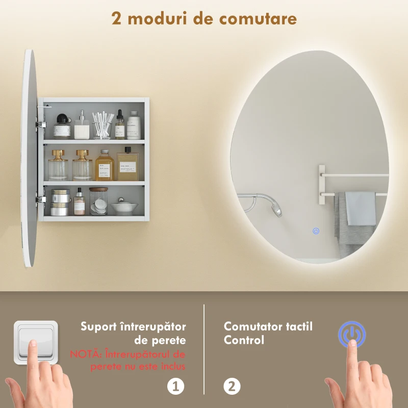 HOMCOM Dulap Baie LED, Anti-Condens, Iluminare Reglabilă 3 Tonuri, Alb, Montare pe Perete