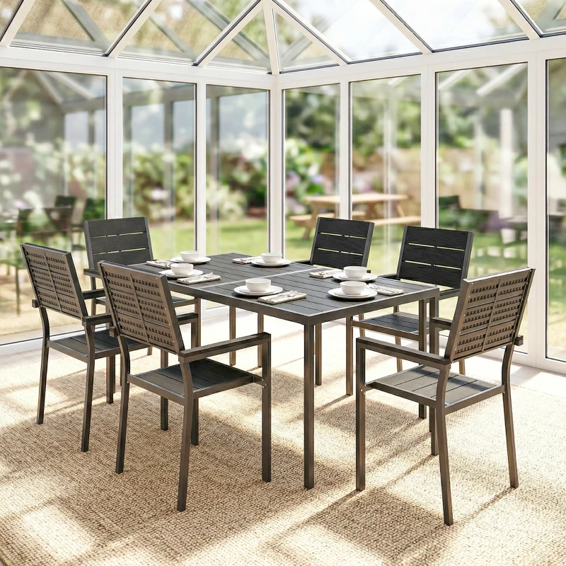 Outsunny 7 Pieces Outdoor Dining Set, Patio Table and Chairs for 6, Garden Dining Furniture Set with Slatted Tabletop