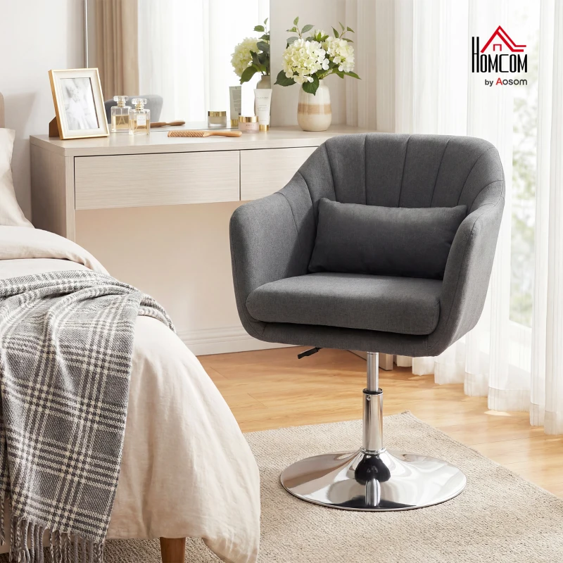 HOMCOM Swivel Linen Fabric Accent Chair for Living Room Contemporary Vanity Armchair with Adjustable Height Thick Cushion Lumbar Support Armrest for Bedroom Office Dark Grey