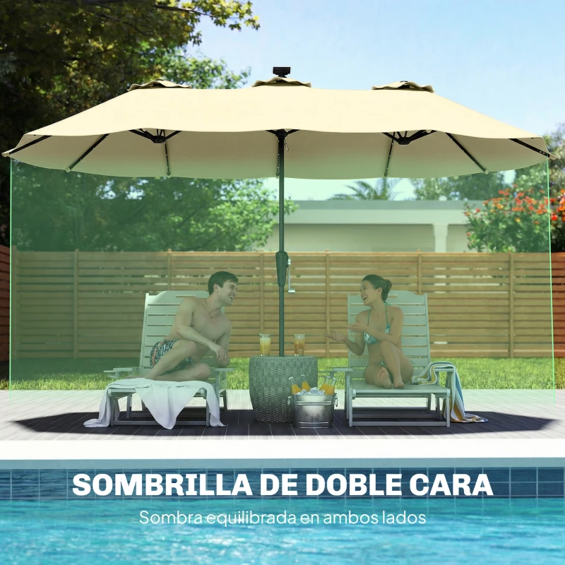 Outsunny Sombrilla Doble de Jardín 4x2 m con 36 Luces LED UPF50+ Manivela 12 Varillas  Resistente al Agua Beige